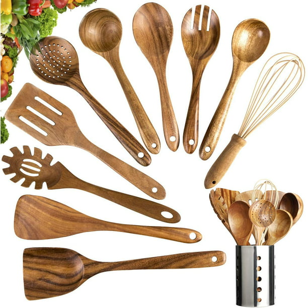Wooden Kitchen Utensil Set With Holder Zulay Kitchen Premium 6-Piece Bamboo Wooden Spoons For Cooking Non-Scratch Wooden Cooking Utensils Heat Resistant Wooden Utensils For Cooking 